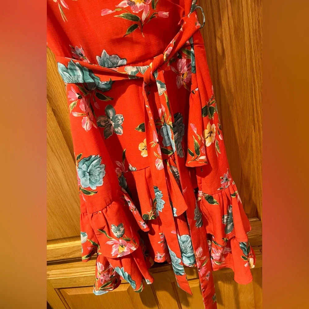 Nordstrom Love, Nickie Lew Orange Floral Faux Wrap Ruffle Mini‎ Dress Size 3
